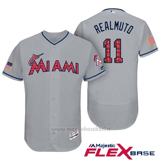 Maglia Baseball Uomo Miami Marlins 2017 Estrellas y Rayas J.t. Realmuto Grigio Flex Base